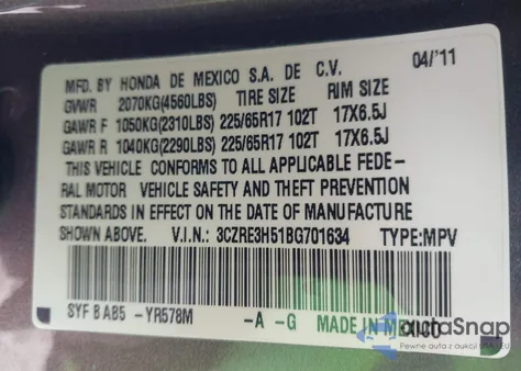 2011 Honda Cr-V Ex z USA, uszkodzony, nr VIN 3CZRE3H51BG701634
